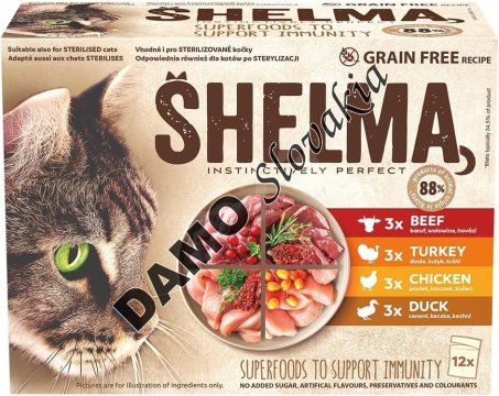 SHELMA kapsička morčacie, kačacie, kuracie, hovädzie pre mačky - 12x85g